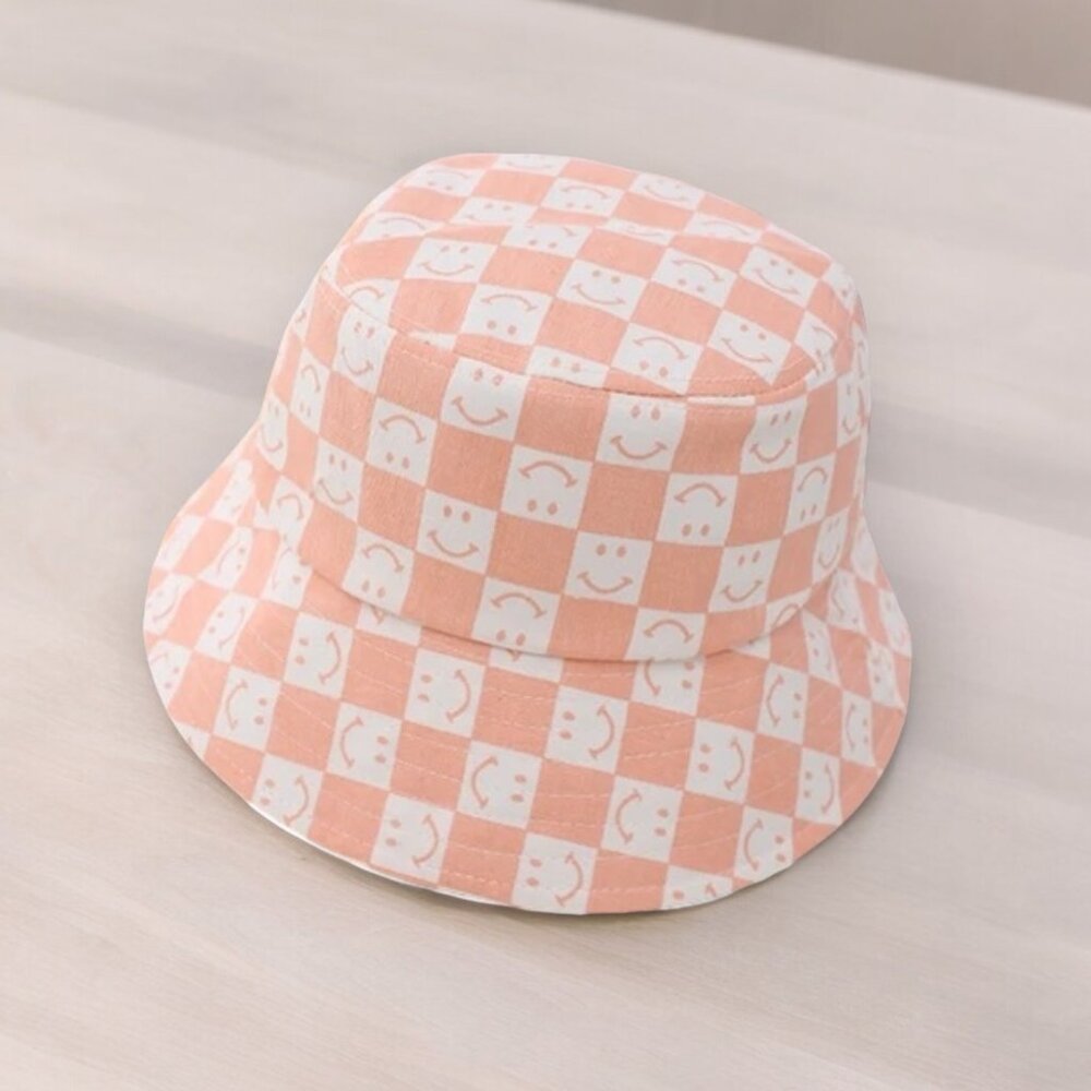 Checkered Smiley Cotton Bucket Hat